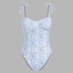 Shaping V-neck Floral Knotted One Piece Swimsuit